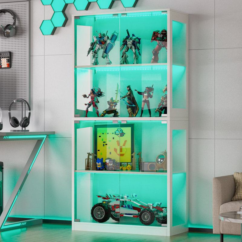  Vitrine avec portes en verre, vitrine d'exposition à 4 niveaux, étagère de collection avec 12 lumières colorées, bibliothèque de jouets et armoire de bibliothèque pour salle de jeux, salon