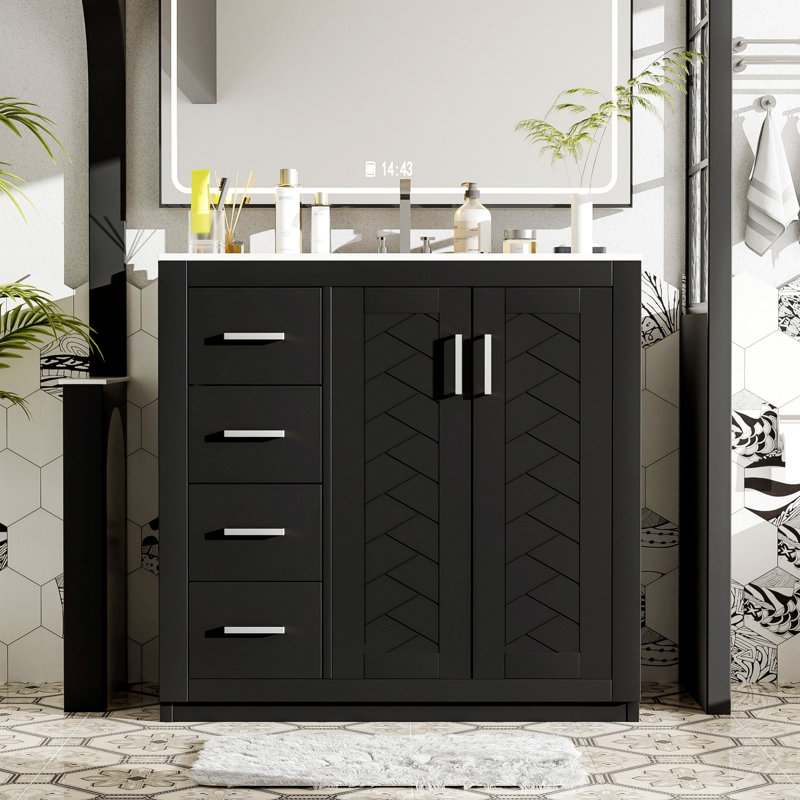 Meuble-lavabo de salle de bain avec lavabo, armoire de rangement de salle de bain à cadre en bois, meuble-lavabo autoportant avec tiroirs et portes à fermeture douce