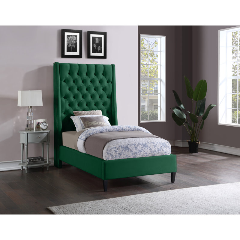 Dymph Upholstered Wingback Bed, Twin, Green Velvet