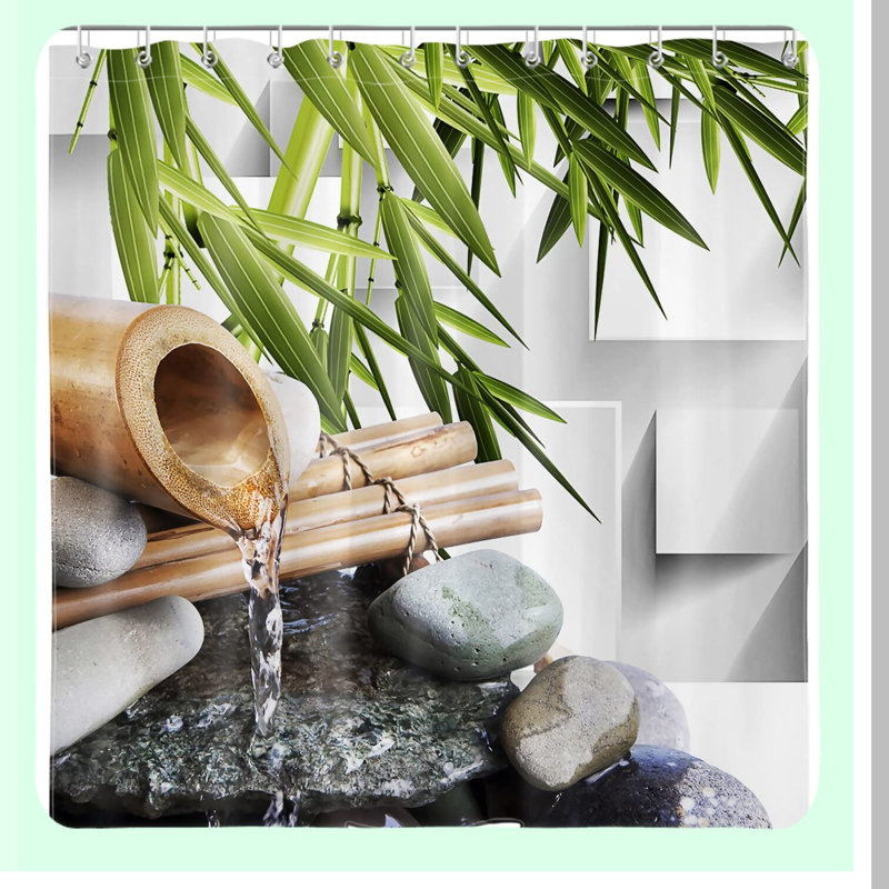 ZenStone Bamboo Spa Shower Curtain Set - Modern Waterproof Fabric, with Hooks