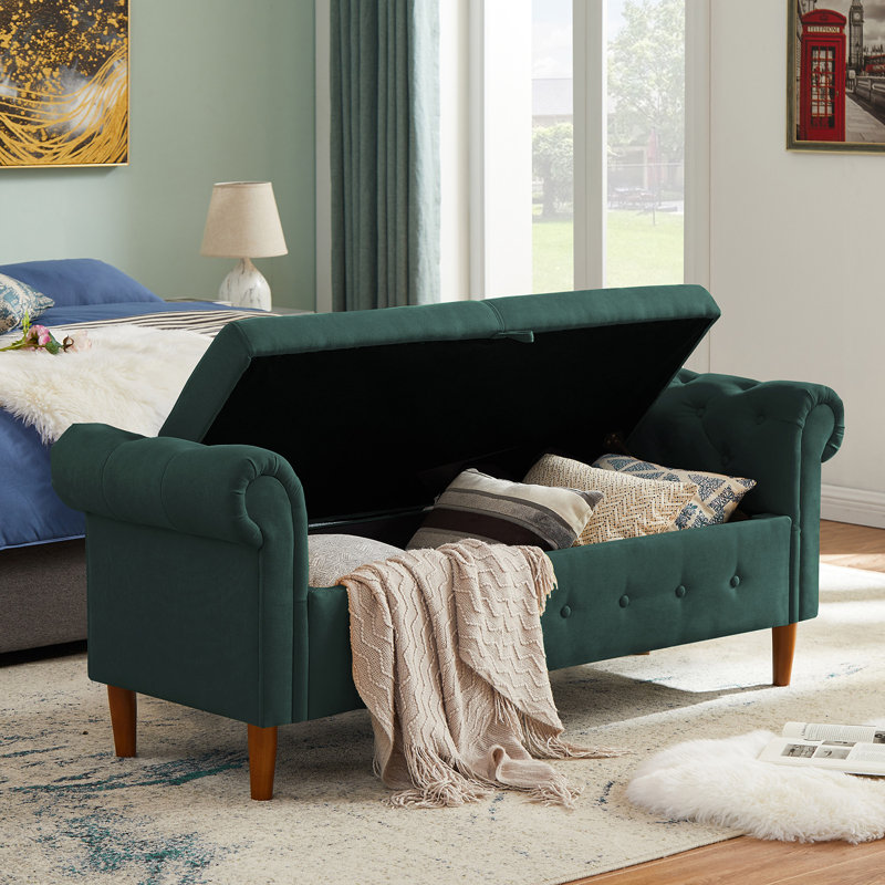 Verdon Linen Blend Upholstered Bench with Flip Top, Green