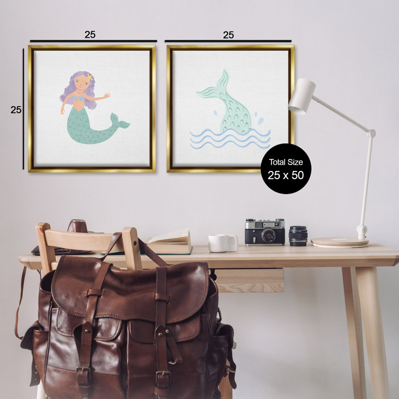 Ocean Mermaid Splash  2 PC Framed Floater Canvas Set by Carrie Cantwell, Metallic Gold Floater Frame, 25" H x 25" W