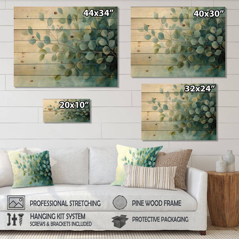 Eucalyptus Leaves Dance Of The Foliage I - Leaves Wood Wall Decor - On Natural Pine Wood, 30" H x 40" W