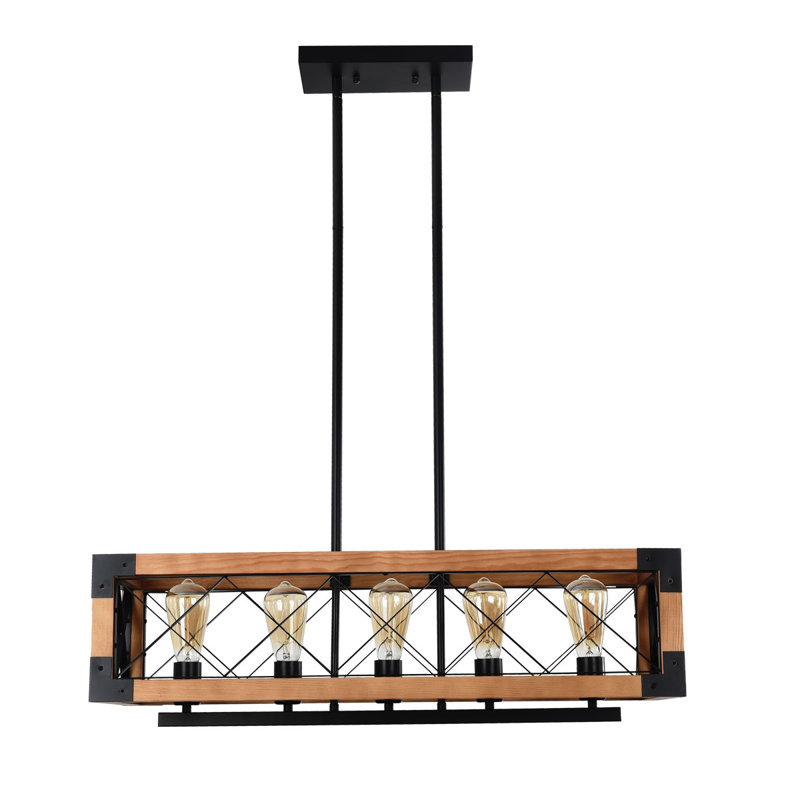 Lustre rectangulaire moderne en bois massif à 5 lumières de 32 po pour îlot de cuisine et coin détente Gonzalas
