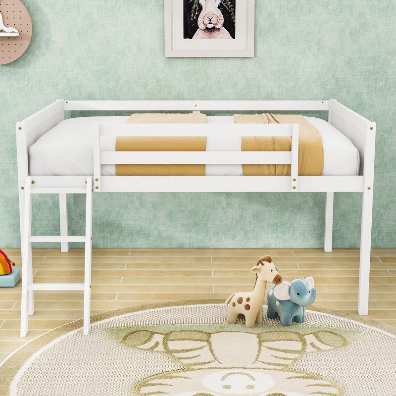 Lit mezzanine double en bois avec échelle convertible et garde-corps, Blanc