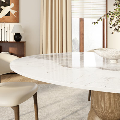 Amberly Luxury Modern Round Sintered Stone Dining Table Solid Wood Pedestal Kitchen Table For 4, One-step Installation