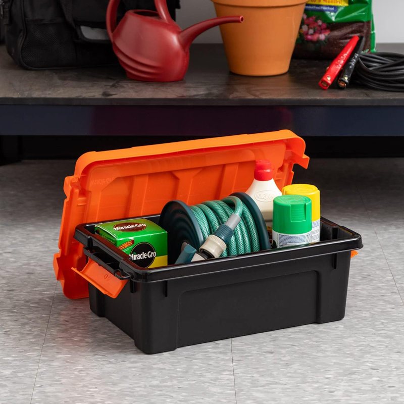 3 Gallon Lockable Storage Bins With Lids, 5 Pack - , Heavy Duty, Stackable Containers, Garage Organizing Bins Moving Tubs, Rugged Sturdy Equipment Utility Box - Black/Orange