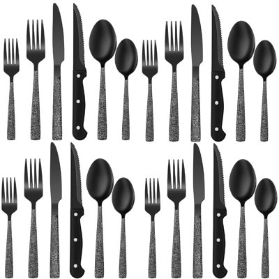 24-Piece Black Stainless Steel Flatware Set With Steak Knives, Mirror Finish Hammered Edge Cutlery