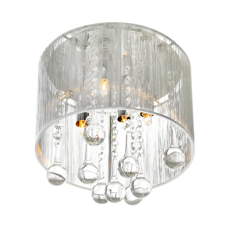 4 Light 10in Flush Mount Chrome Frame & Silver Shade with Crystal Drops, Silver