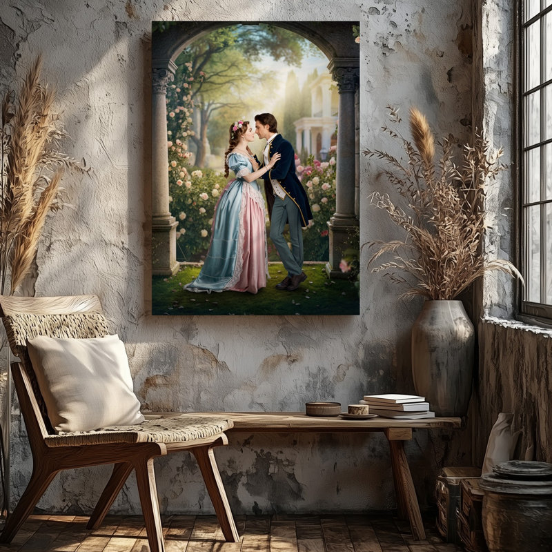 Toile, "Une scène romantique dans un jardin luxuriant", H 12 po x l 9 po