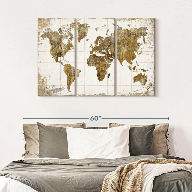 Ensemble de 3 pièces de carte du monde grunge sur toile, H 32 po x l 50 po x P 1,25 po