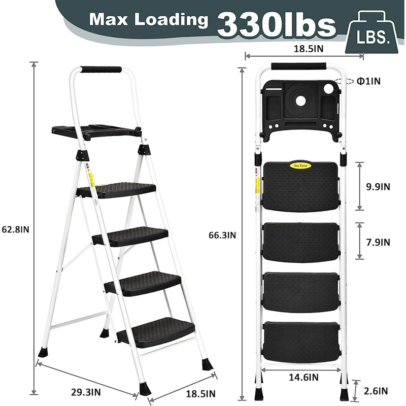Échelle à 4 marches, escabeau avec plateforme à outils, échelle en acier robuste et portable pour adultes, échelle d'une capacité de 330 lb pour la cuisine à domicile