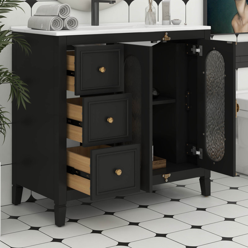 Meuble-lavabo de 36 po avec lavabo en céramique, armoire de rangement avec 2 portes en verre à fermeture en douceur et trois tiroirs