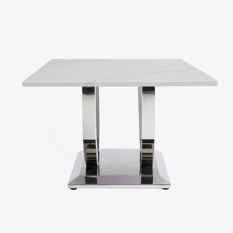 50.4 Inch Modern Rectangular Coffee Table,Marble Pattern MDF Top ,Silver Stainless Steel Base.