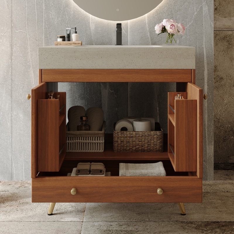 Meuble-lavabo autoportant Mid-Century avec plateau en faux marbre et lavabo en céramique, Noyer