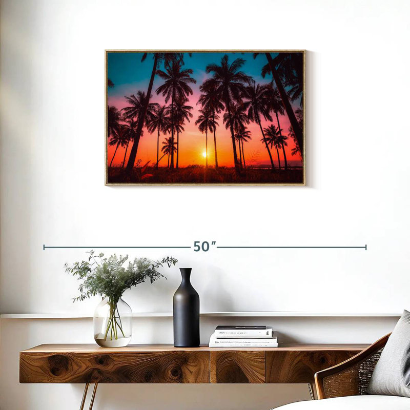 Silhouette coucher de soleil tropical, Cadre flottant en bois naturel, 31 po x 21 po