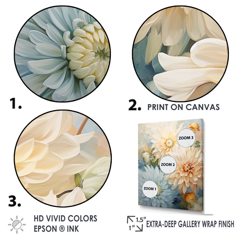 «Blooming White Mums» sur fond bleu I sur toile, Cadre flottant doré, H 44 po x l 34 po x P 1,5 po