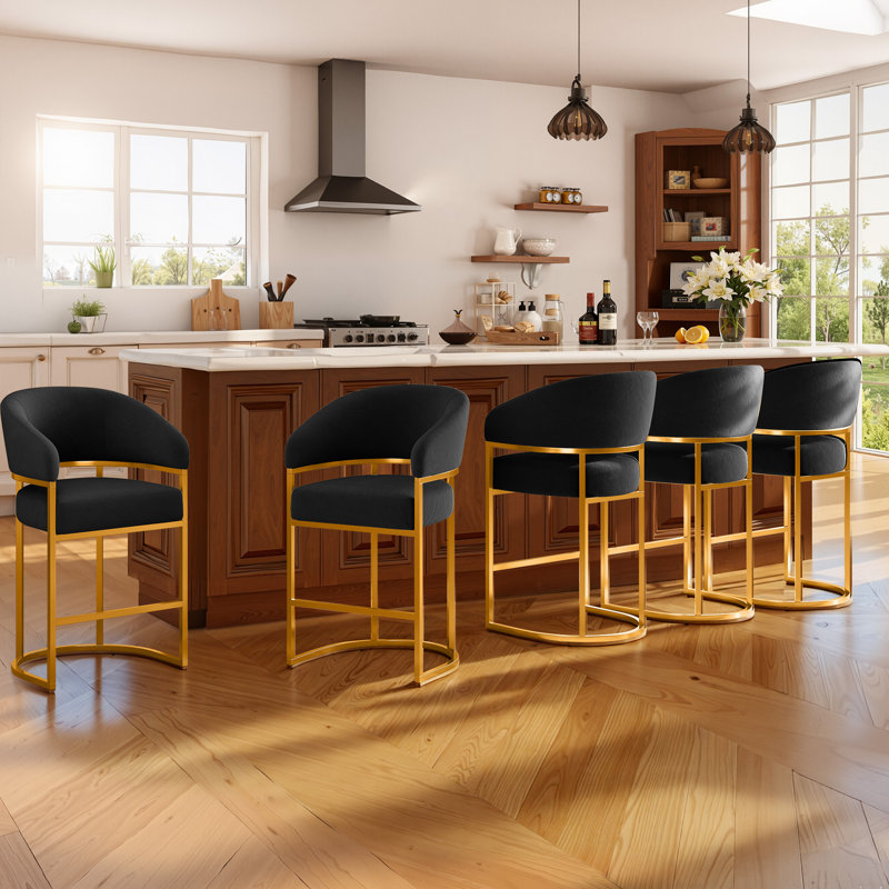 26" Counter Height Bar Stool,Black Velvet Gold Metal Base, Gold, Black/Velvet