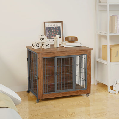 Meuble de 32 po pour chien avec roulettes pour petits chiens, chenil robuste pour l'intérieur avec 2 portes, table de bout pour cage en bois pour animal de compagnie, cage robuste en métal à deux portes pour chien anxieux