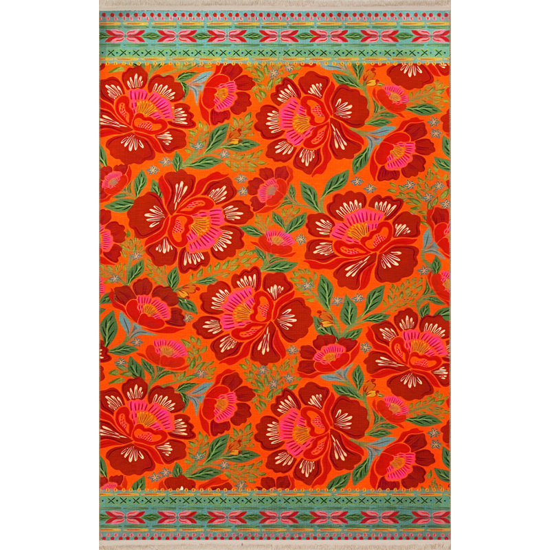 Tapis décoratif à motif de roses à thème orange, Tapis de couloir 3 pi 3,37 po x 9 pi 10,11 po