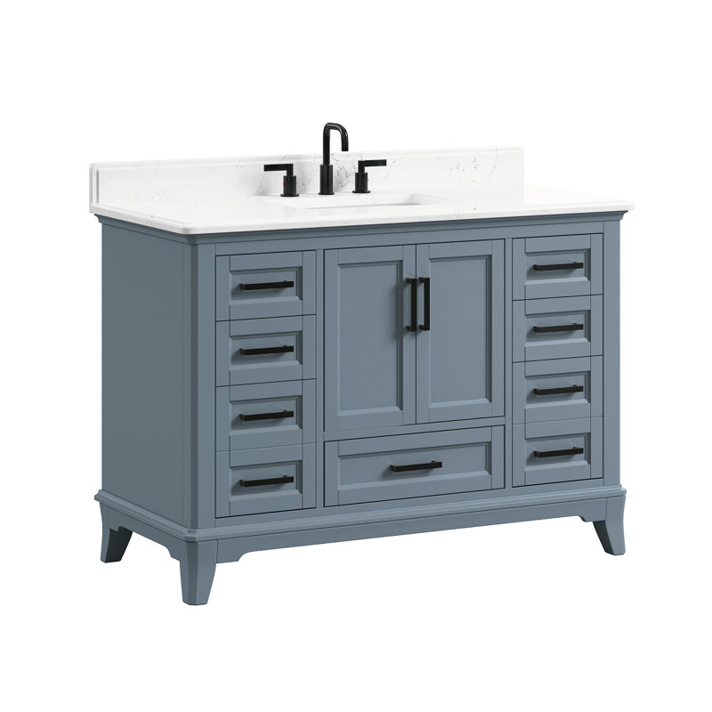 Free Standing Bathroom Vanity with Quartz Top, Matte Black, Steel Blue, 49"