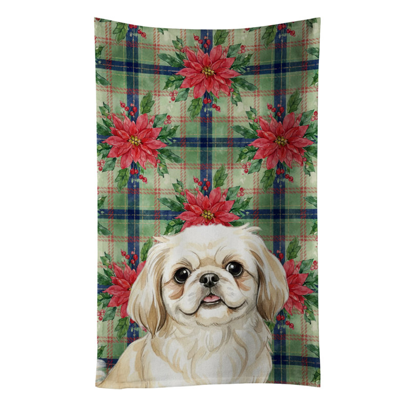 Cream Pekingese Christmas PoinsettIas Kitchen Towel, Cream Pekingese