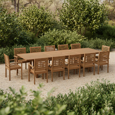 Ensemble de table de salle à manger extensible et de fauteuils d'extérieur Whately 13 pièces | Finition teck | Idéal pour le patio, table brun clair