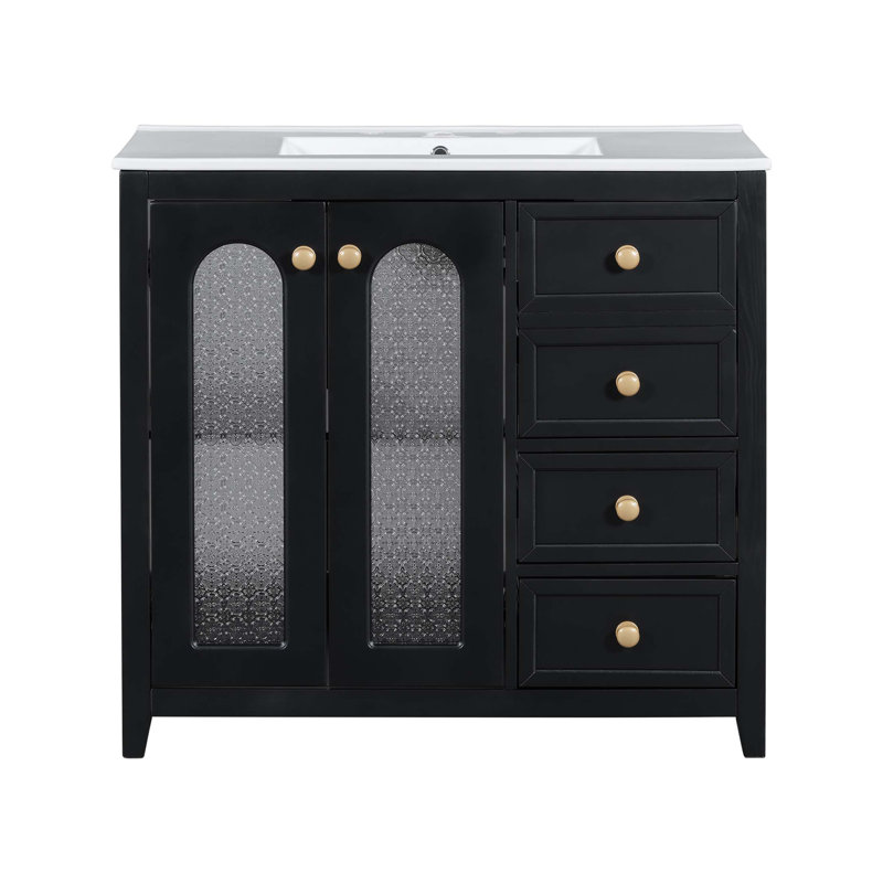 Meuble-lavabo de 36 pouces avec deux portes à fermeture douce, des tablettes réglables et trois tiroirs, Noir