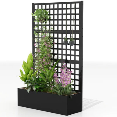 Black Galvanized Raised Garden Bed with Trellis, 43×16×70 Inch Outdoor Planter Box for Climbing Plants Vegetables