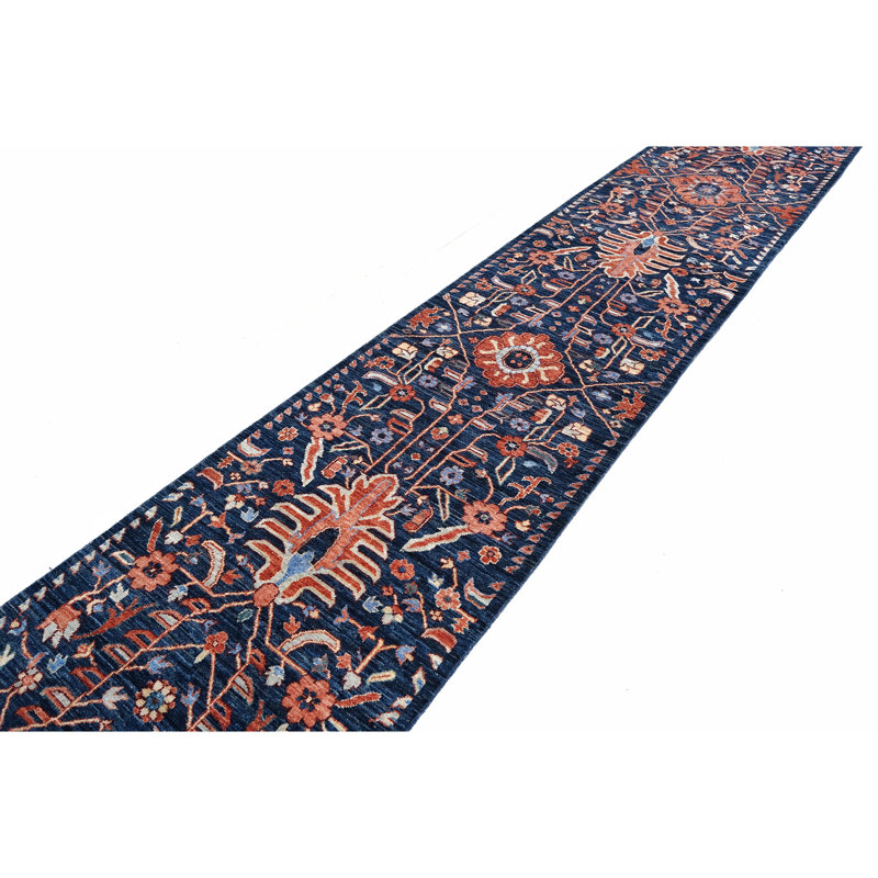 Hand Knotted Wool Area Rug in Navy, Runner 2'8" x 19'7"