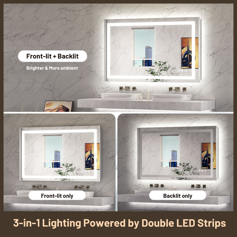 Katyusha Super Bright LED Lighted Bathroom Vanity Mirror 3-Color Temperature  Frontlit & Backlit Dimmable & Anti-Fog