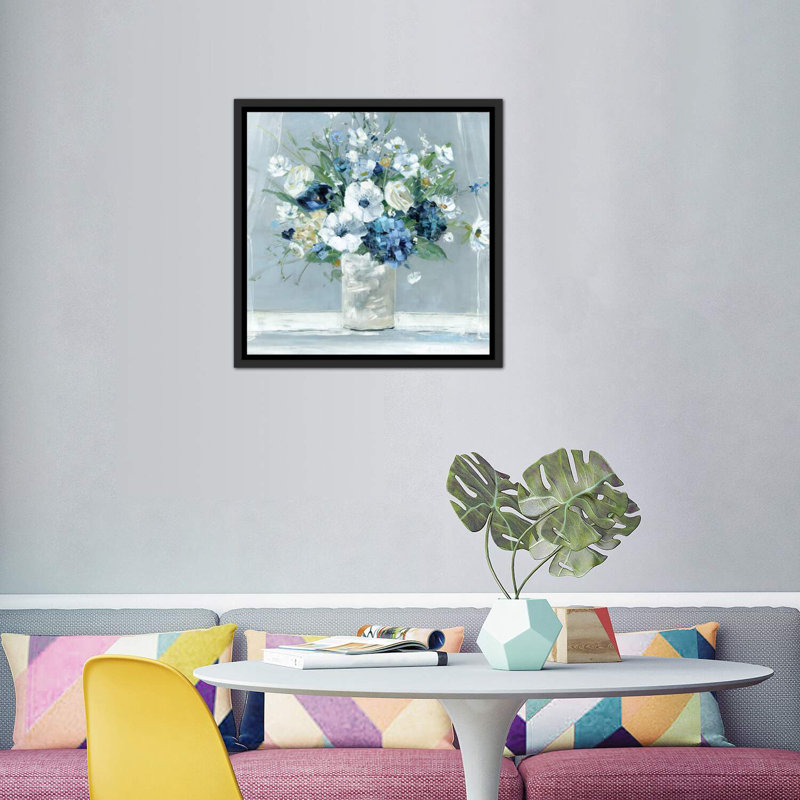 «Be Happy Blue» par Sally Swatland - reproduction d'art, H 37 po x l 37 po x P 1,5 po, Toile avec cadre noir patiné