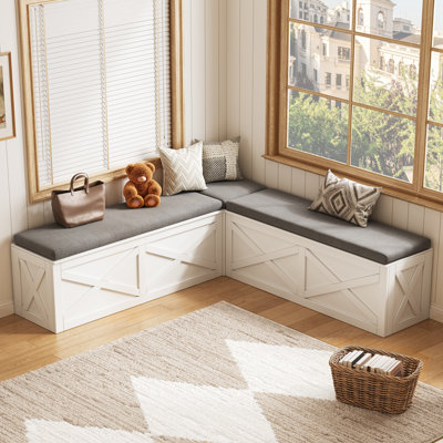 L-Shaped Corner Bench With Storage, Breakfast Nook Bench With Gray Cushions, White