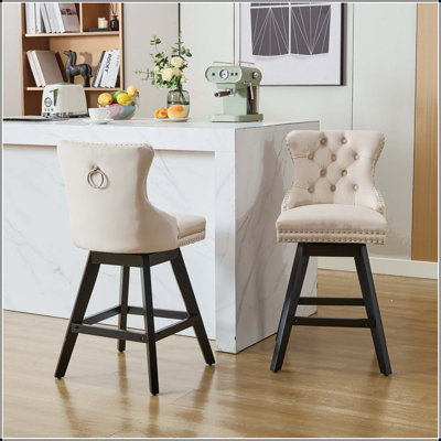 Swivel Velvet Barstool - Wooden Legs with Button Tufting and Nailhead Trim