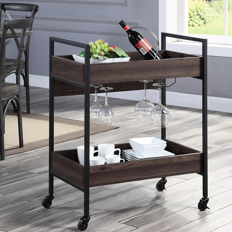 Petit chariot rectangulaire pour salle à manger, tablette à 2 niveaux, structure en noyer et en métal noir, plateau en bois, porte-gobelet servant d'îlot de cuisine, couvert