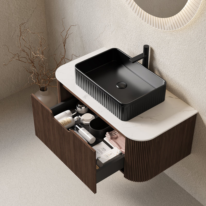 Meuble-lavabo mural flottant avec lavabo, armoire de rangement et tiroir, idéal pour les salles de bain modernes et pour optimiser l'espace