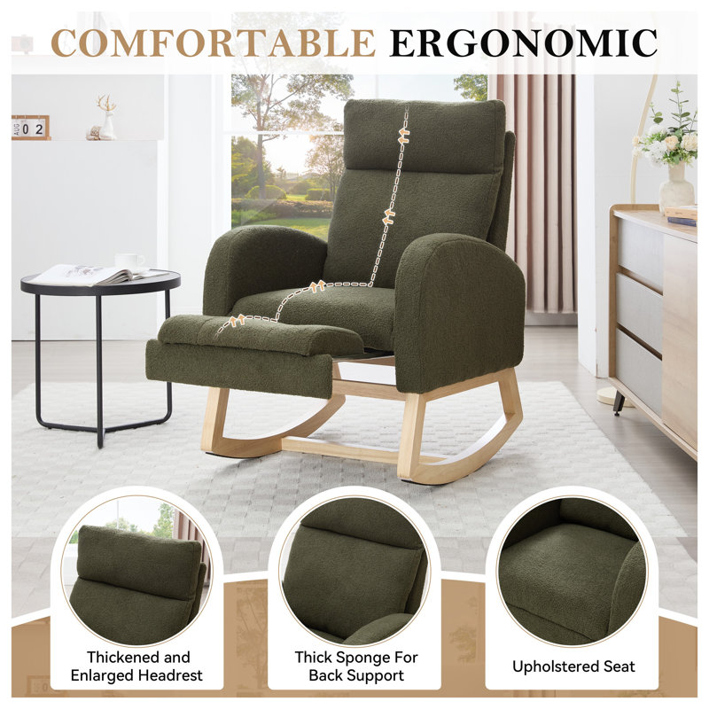 Chaise berçante Green Teddy en tissu avec repose-pieds réglable, haut dossier et base en bois massif, Vert