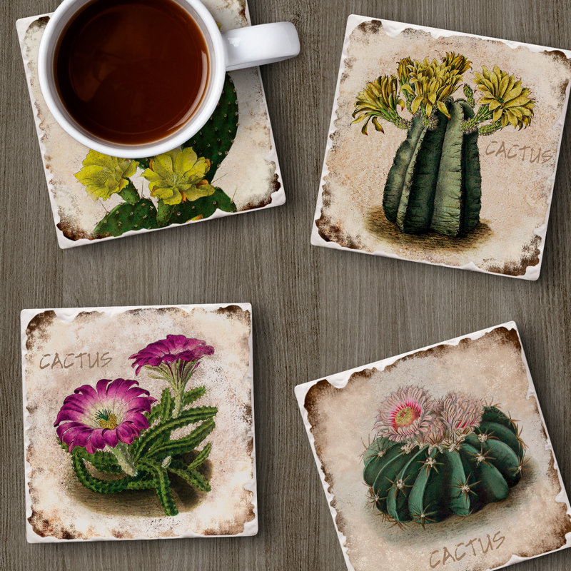 Cactus Flowers 4-Pack Tumbled Tile Stone Coasters
