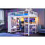 Lit mezzanine grand format avec garde-robe intégré, lit mezzanine en métal avec bureau et tablettes de rangement, blanc