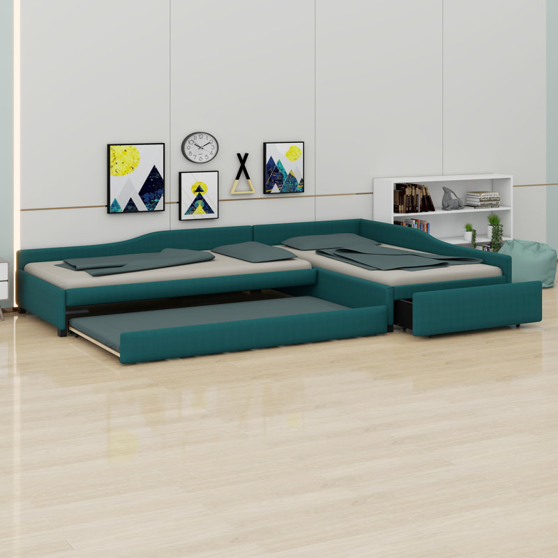 Upholstered Double Daybed With Trundle And Drawer, Green