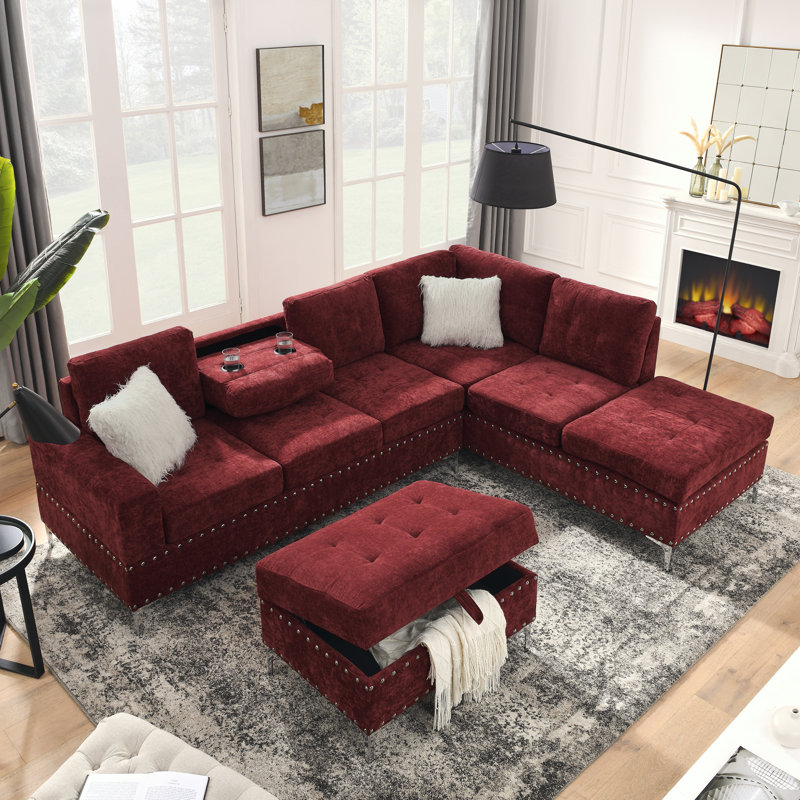 Ilish Upholstered L-Shaped Sectional Reversible, Red Chenille