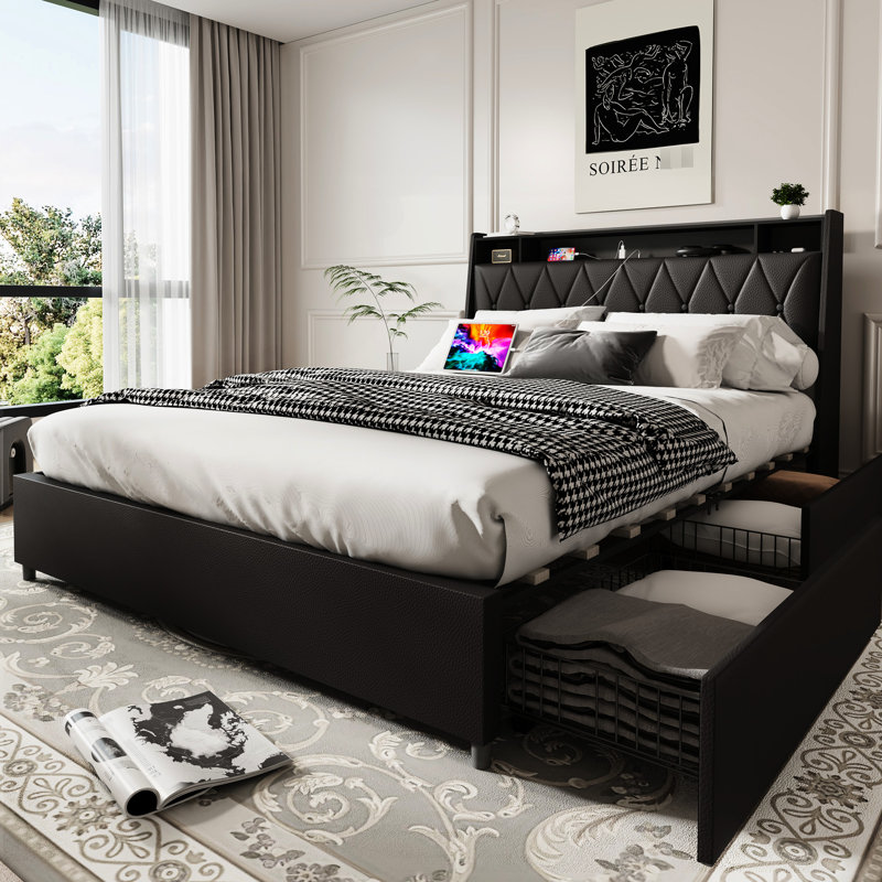 Structure de grand lit avec tête de lit ergonomique, prises intégrées, tablette de rangement, structure en métal, bruit, pas de sommier, lit plateforme noir, prises et texture en similicuir