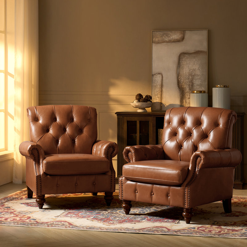 Treasie 36.5"W Cowhide Genuine Leather Accent Chair(Set Of 2), Saddle