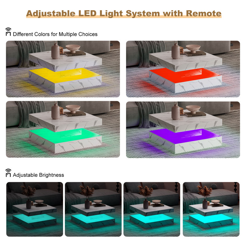 Charvez Solid Coffee Table with 16 Colors LED Lights, 78 x 78 cm, White Marble, 40cm H x 78cm W x 78cm D