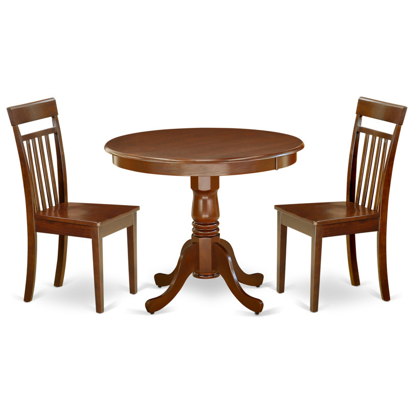 3 Piece Dining Table Set for Small Spaces Contains a Round Kitchen Table with Pedestal and 2 Dining Room Chairs, Mahogany