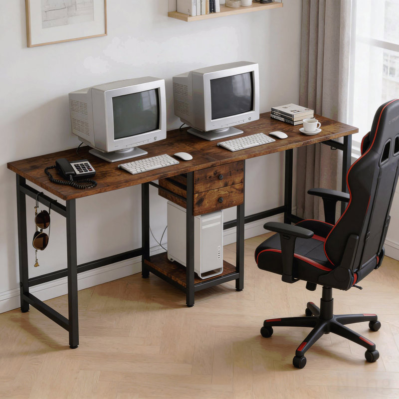 Double Office Desk,Computer Desk,Two Seat Desk,Gaming Table, Brown/Black