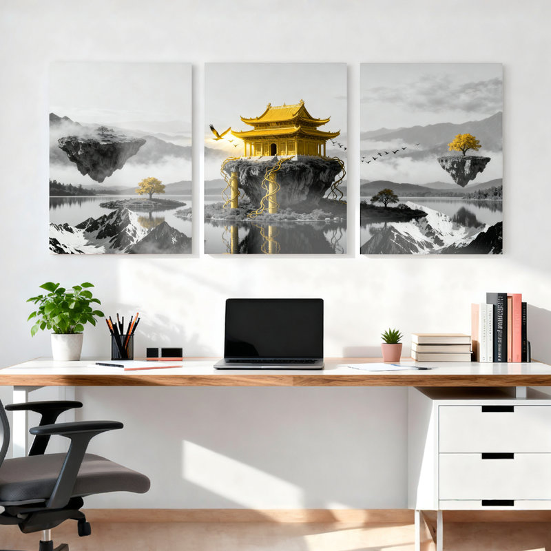 Ensemble de 3 tableaux sur toile représentant un paysage d'île flottante et de pagode, H 18 po x l 36 po
