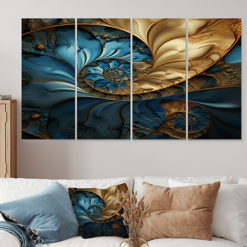 «Warm Gold Deep Ocean Fractal - Fractals», art mural sur toile 4 pièces, H 32 po x l 64 po