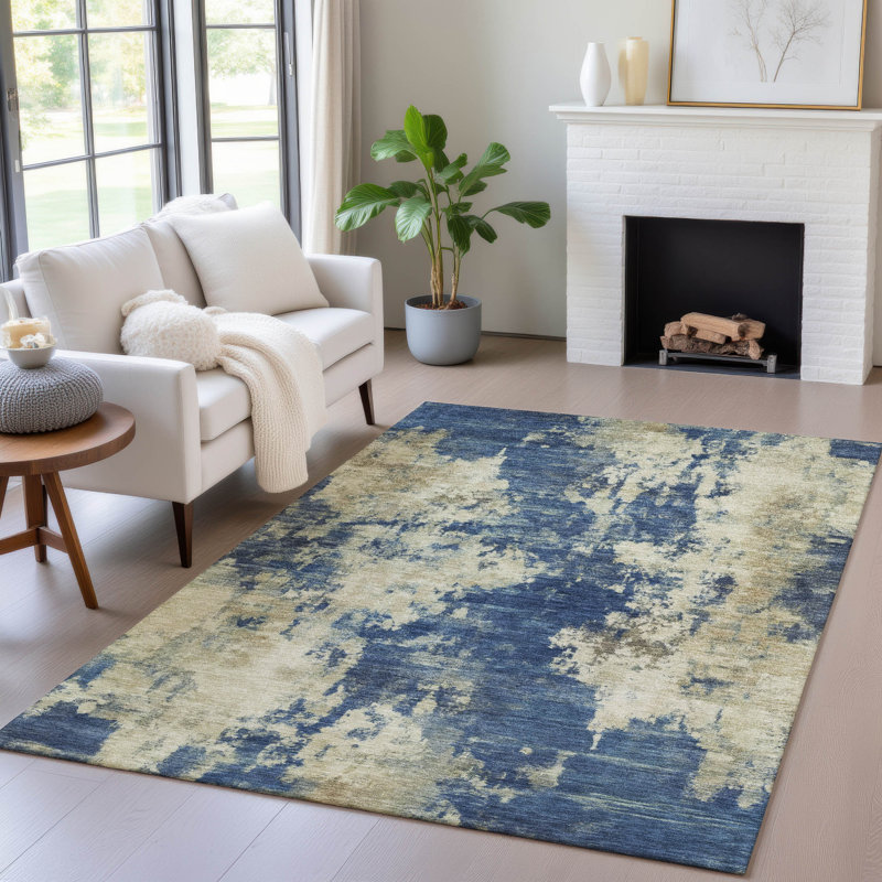 Machine Washable Indoor/Outdoor Xhevrie Navy Rug, Rectangle 2'6" x 3'10"