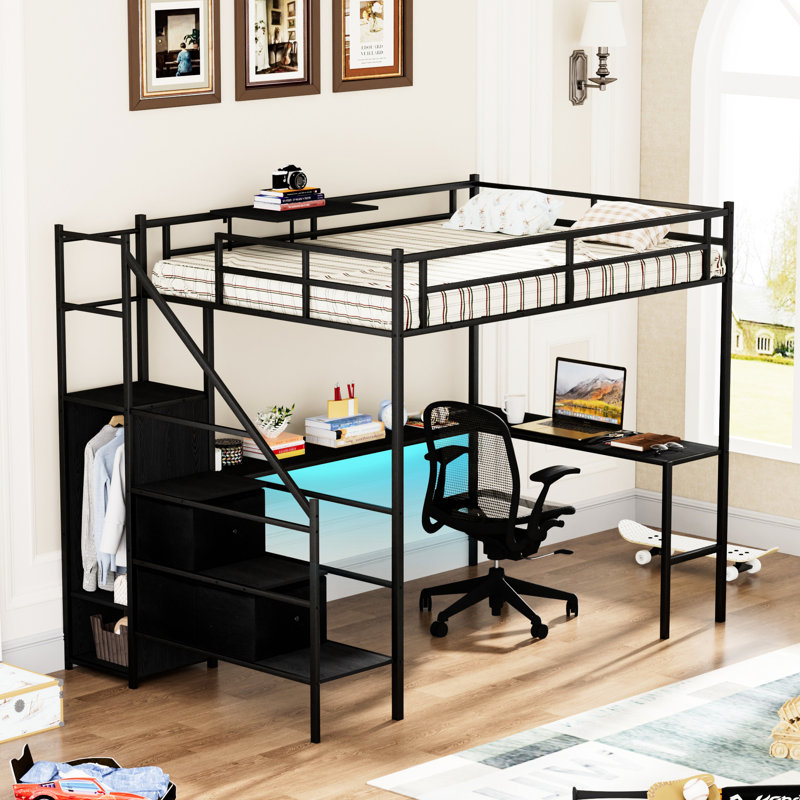 Lit mezzanine double avec bureau en forme de L, lumières à DEL et mesures - Espace de couchage protégé noir Options de rangement efficaces Espace